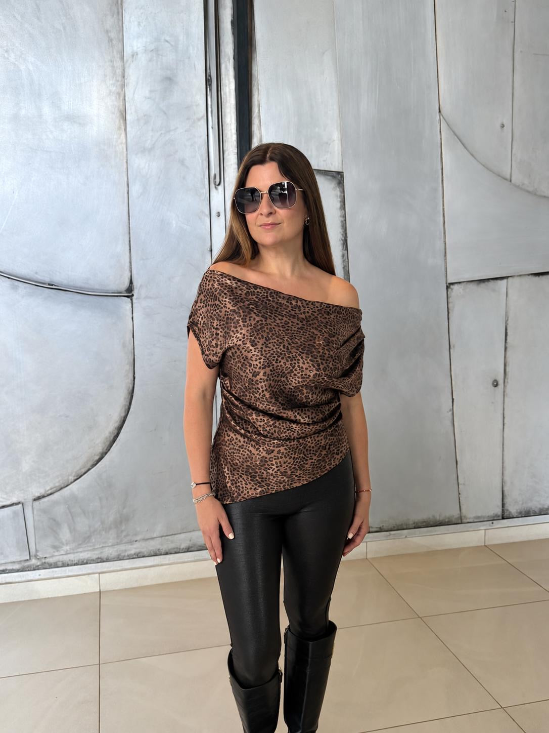 Sunset Leopard Asymmetric Satin Blouse